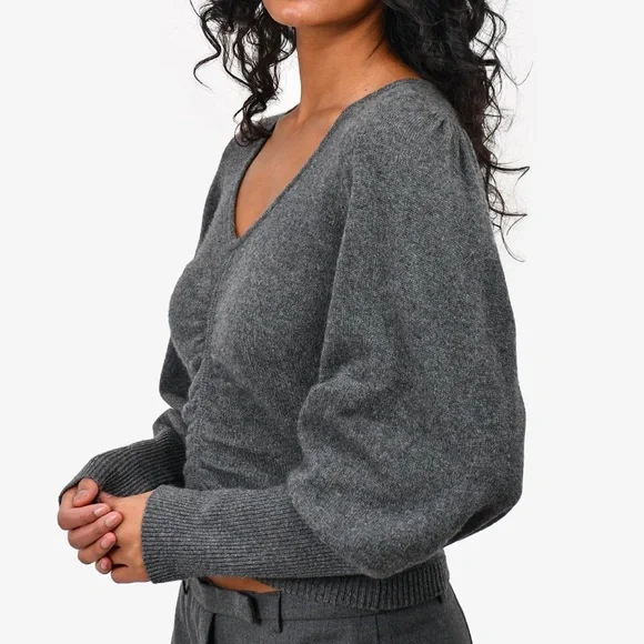 FRAME Grey Cashmere Puffed Sleeve Sweater